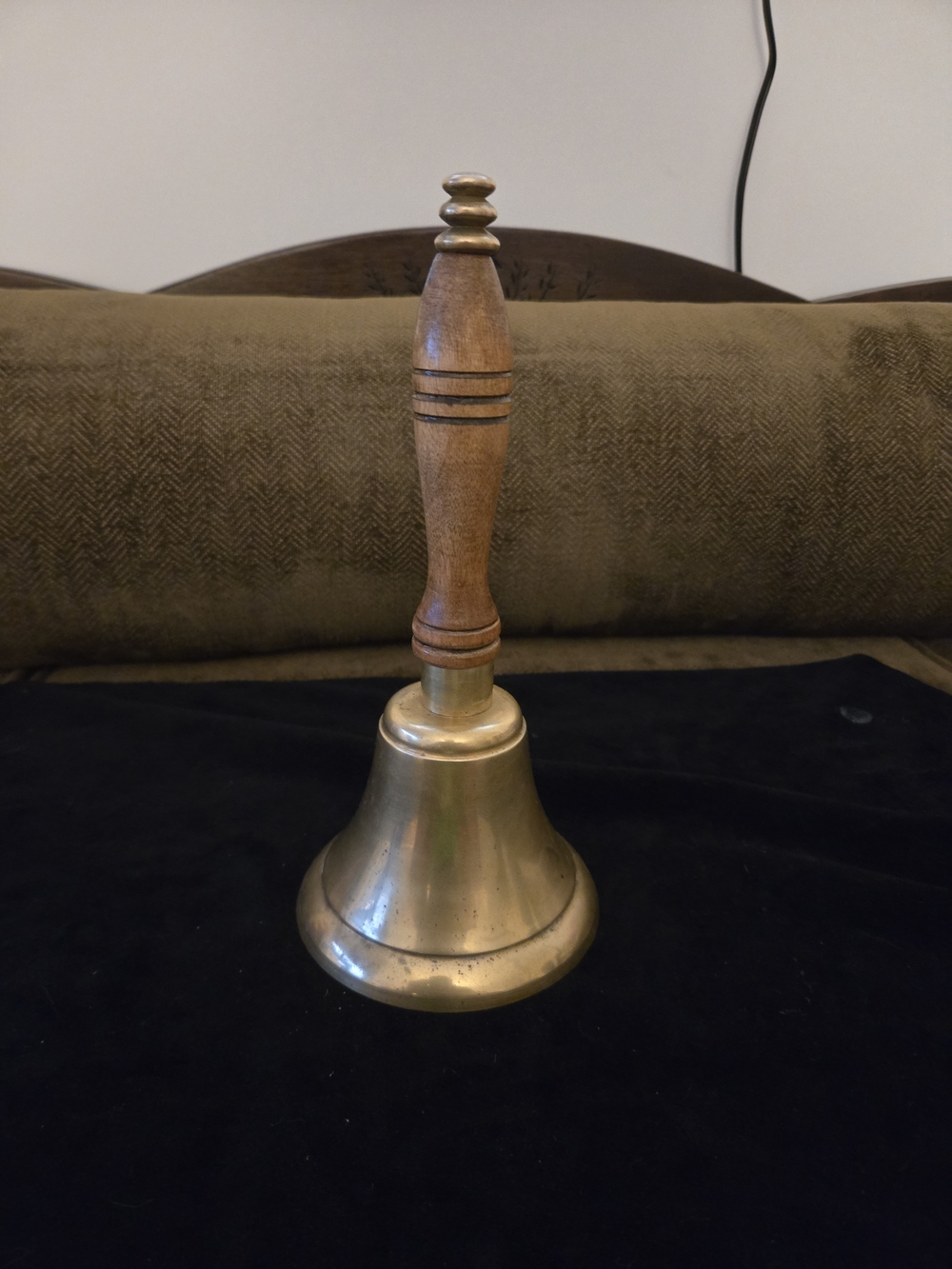 Vintage 10" Wood Handle Brass Bell - Brown and Gold